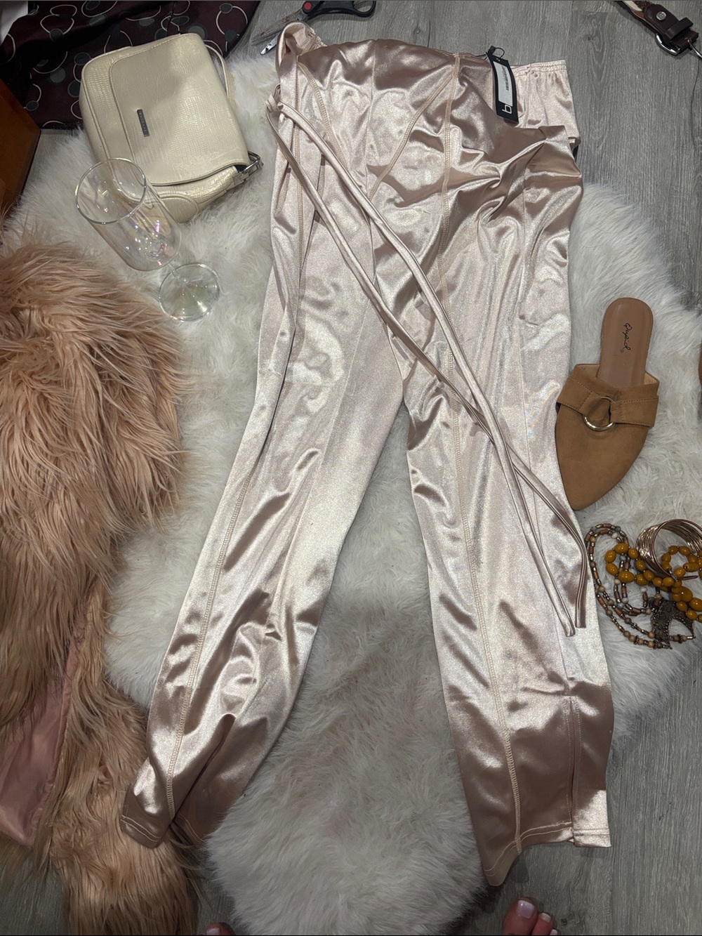 NWT, Boohoo Champagne Satin Wide-Leg Tie Waist Pants